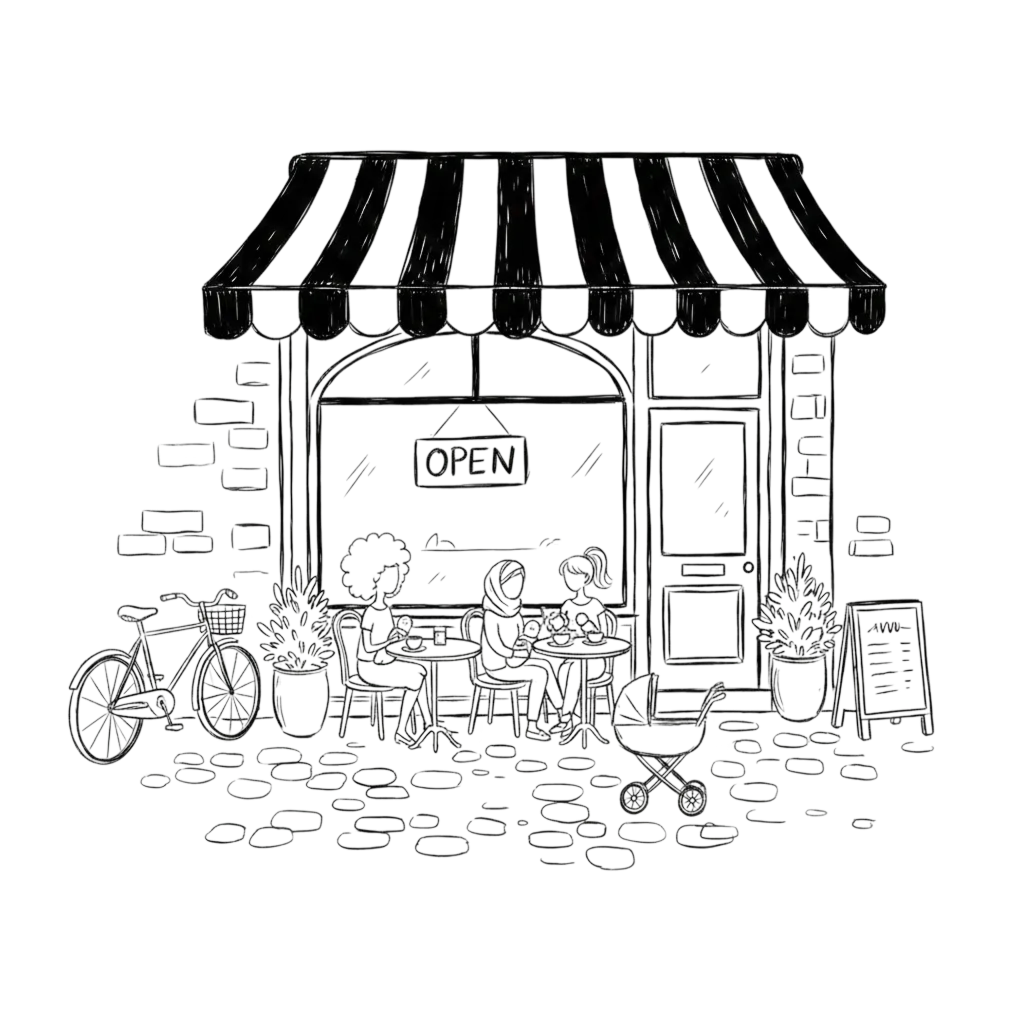 Two mums at a cafe with drinks, a pram outside on cobblestones